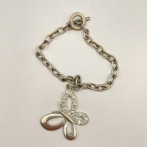 Vintage Y2K Silver Tone Butterfly Charm Bracelet Rhinestone Women's Jewelry